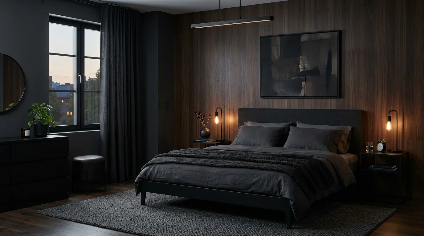 Let the headboard become a dramatic focal point inspiration for a moody bedroom.